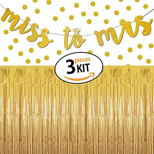 Bachelorette Party Decorations Set | Miss To Mrs Banner with Gold Glitter Confetti and Gold Foil Fringe Curtain, Hen Party Decorations Kit for Wedding and Bridal Shower