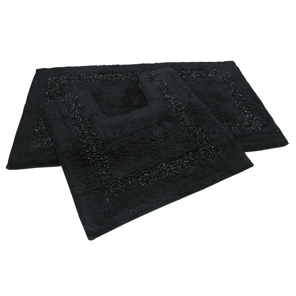 Diamante Sparkle 100% Cotton Heavyweight 2 Piece Bath Mat & Pedestal Bathroom Toilet Set Black (Standard)