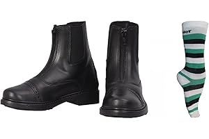 TuffRider Children's Starter Front Zip Paddock Boots with FREE Assorted Striped Socks | Kids Horse Riding Equestrian Boots - Black -Size 9