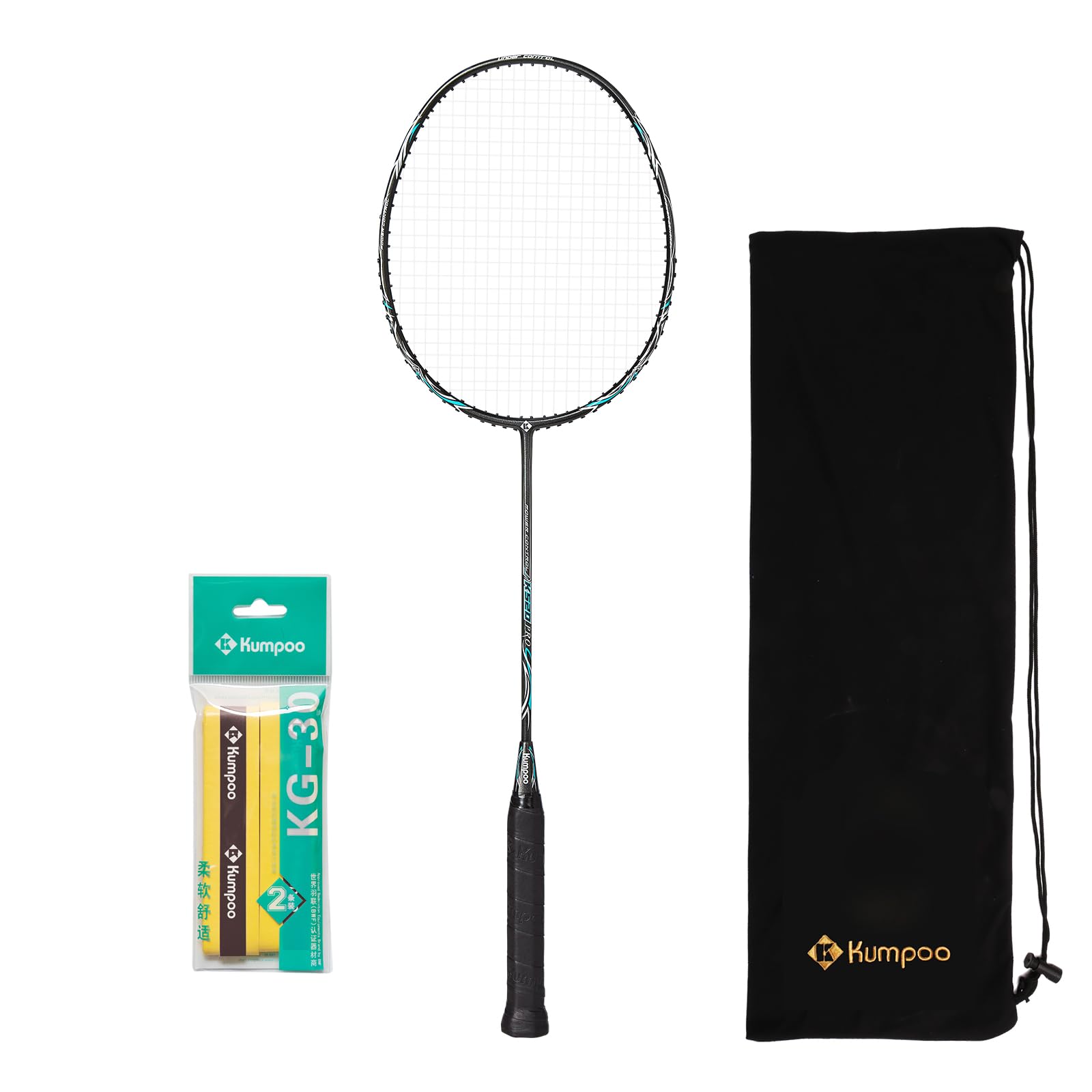 KUMPOO Badminton Racket Carbon Fiber Racquet, Professional Badminton Racket Set with Overgrips and Cover, Racket Lightweight for Beginers, Intermediate Players Outdoors Games Training, K520PRO Black