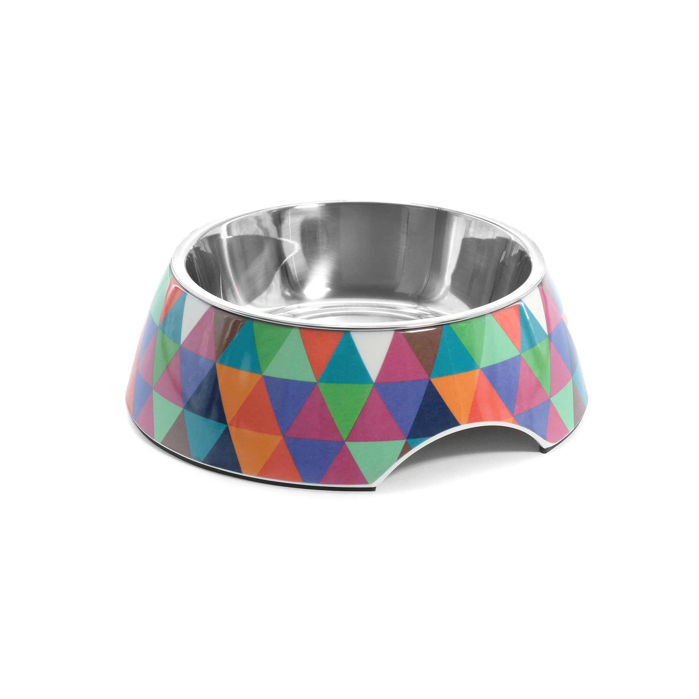 Record Crystal Dog Bowl – Stainless Steel and Melamine – Equipped with Non-Slip Rubber Pads – Size Ø 17.5 cm – Capacity 350 ml – Geometric Pattern with Multicolour Triangles