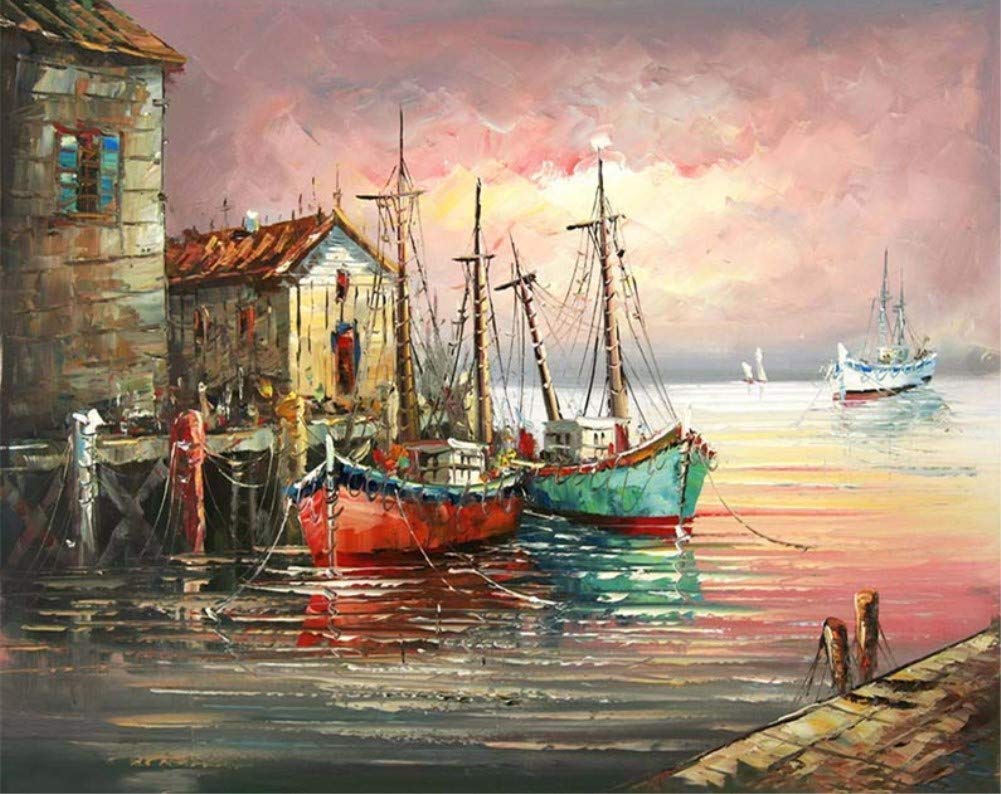 ABEUTY DIY Paint by Numbers for Adults Beginner - Red Pier & Boat 16x20 inches Number Painting (No Frame)