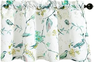 Leeva Birds Vines Printed Curtains Valance for Kitchen Bath Laundry Bedroom Living Room, Rod Pocket Semi-Blackout Valances for Windows, 52 x 18 Inch, Green Birds, One Panel