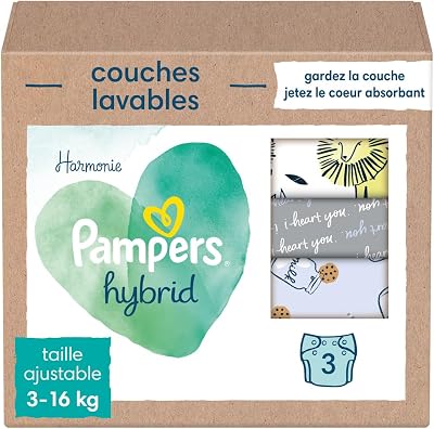 Harmonie Hybrid, 3 Couches Lavables Hybrid, Protège la Peau Sensible des Bébés, Avec des Ingrédients d’Origine Végétale et 0% de Parfum, Motifs Mignons
