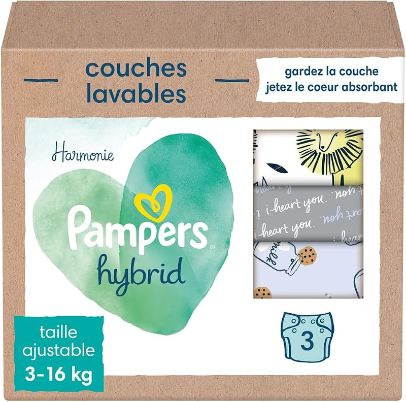 Harmonie Hybrid, 3 Couches Lavables Hybrid, Protège la Peau Sensible des Bébés, Avec des Ingrédients d’Origine Végétale et 0% de Parfum, Motifs Mignons