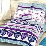 Girls PAISLEY PONY HORSE Purple & Blue HEARTS 6pc Comforter Set W/Sheets (Bed in a Bag) (Twin Size)