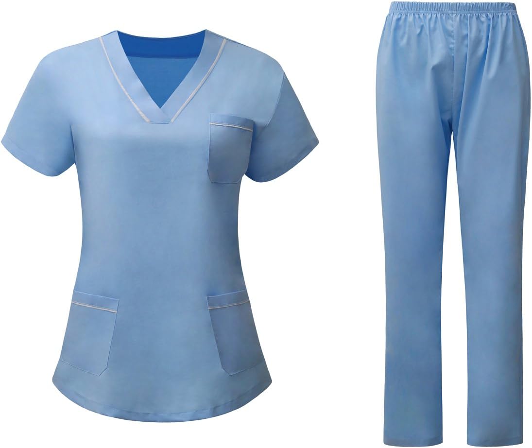 AURNEW Scrubs Medical Uniform Women and Man Scrubs Set Medical Scrubs Top and Pants