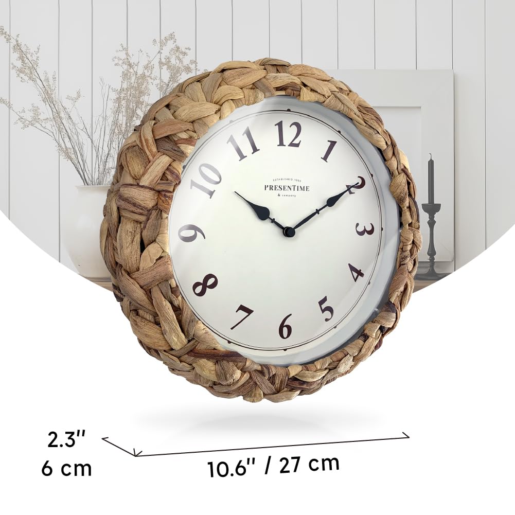 Presentime & Co Farmhouse Series, Rustic Woven Clock, 10.5 inch, Natural Woven Water Hyacinth/Sea Grass. Wall Sculpture, Wall Art and Timepiece for Home Decoration/Decoration/Farmhouse Décor.