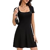 MISMI Womens Summer Dresses Square Neck Short Sleeve Ruffle Hem A Line Flare Mini Basic Dress