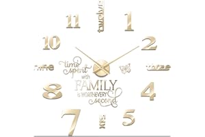 Junkin 3D Large Frameless DIY Wall Clock,Modern Decor Family Quote Wall Stickers Clock kit for Home Living Room Bedroom Office Wall Decorations Adjustable Size (Gold)