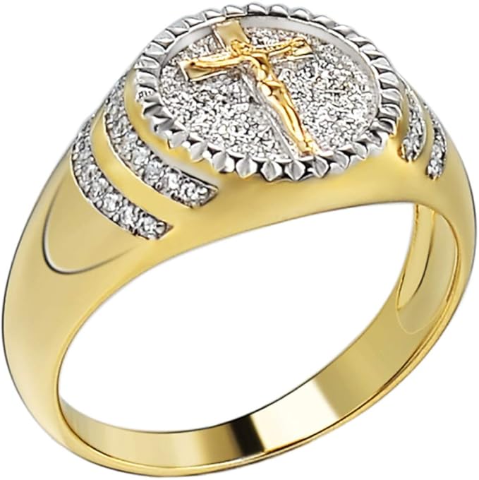 Men's Christian Ring Two Tone Solid 925 Sterling Silver & 14k Yellow