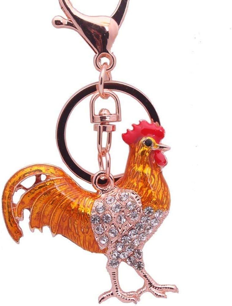 Axmerdal Chicken Cock Rooster Crystal Rhinestone Keyring Car Handbag Pendant Charm Pompom Key Chain Gift (Yellow)