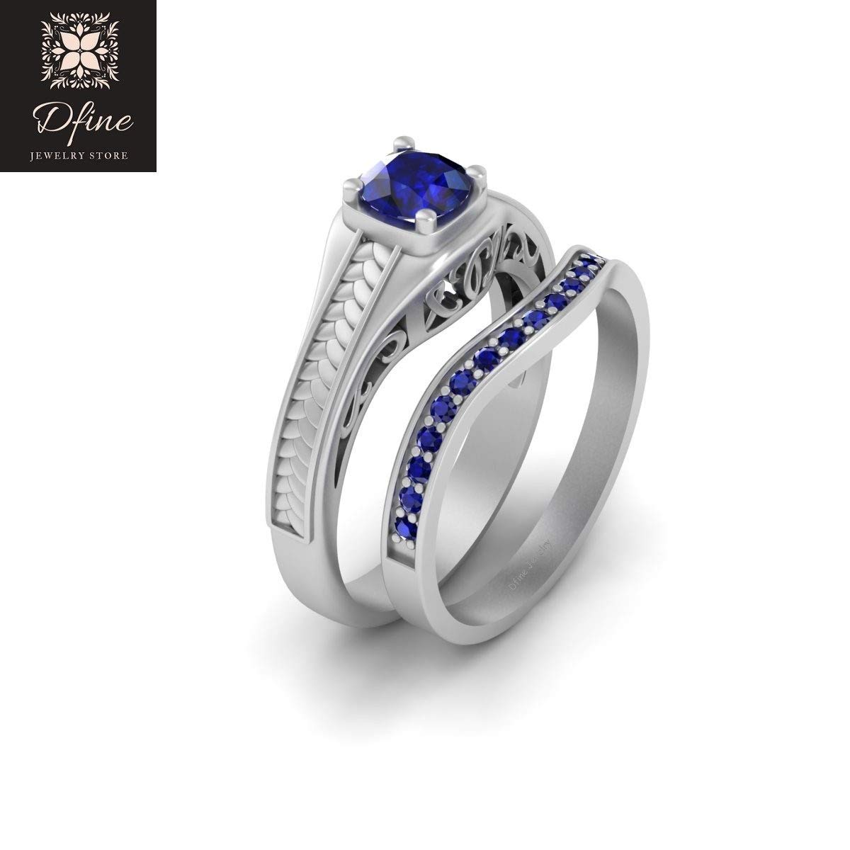 Amazon Com Solid 14k White Gold Star Wars Inspired Wedding Ring Band Set Blue Sapphire R2d2 Ring Band Handmade