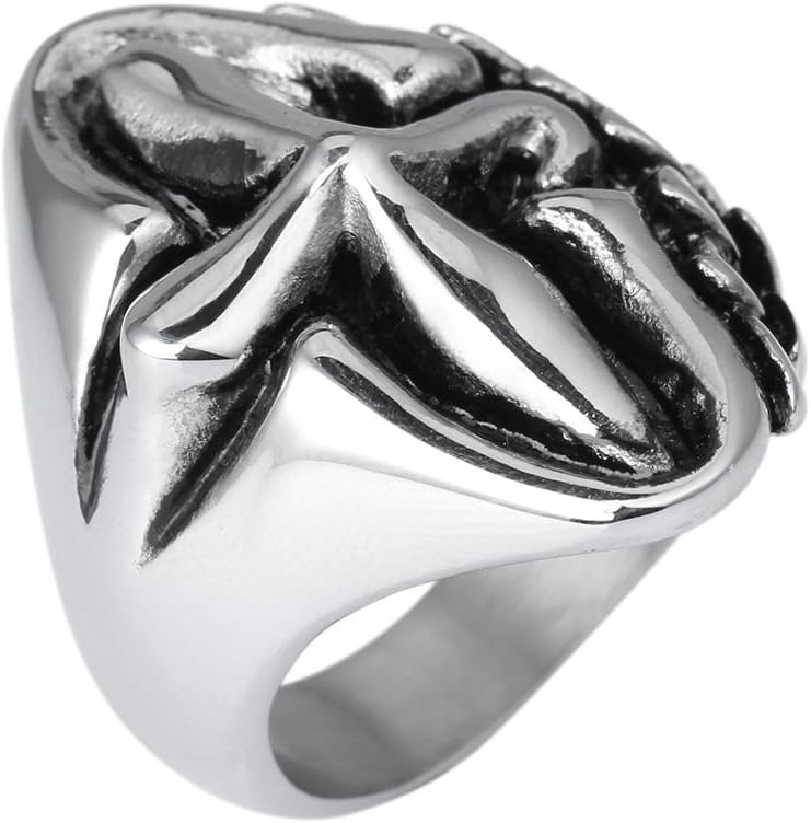 HAMANY Men's Vintage Cross Ring Stainless Steel Band, Silver Black