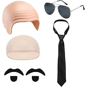 6 PCS Bald Cap Costume Set Sunglasses Tie Fake Mustache Woman Men | Adult Funny Cosplay Accessories Halloween Party Dress up
