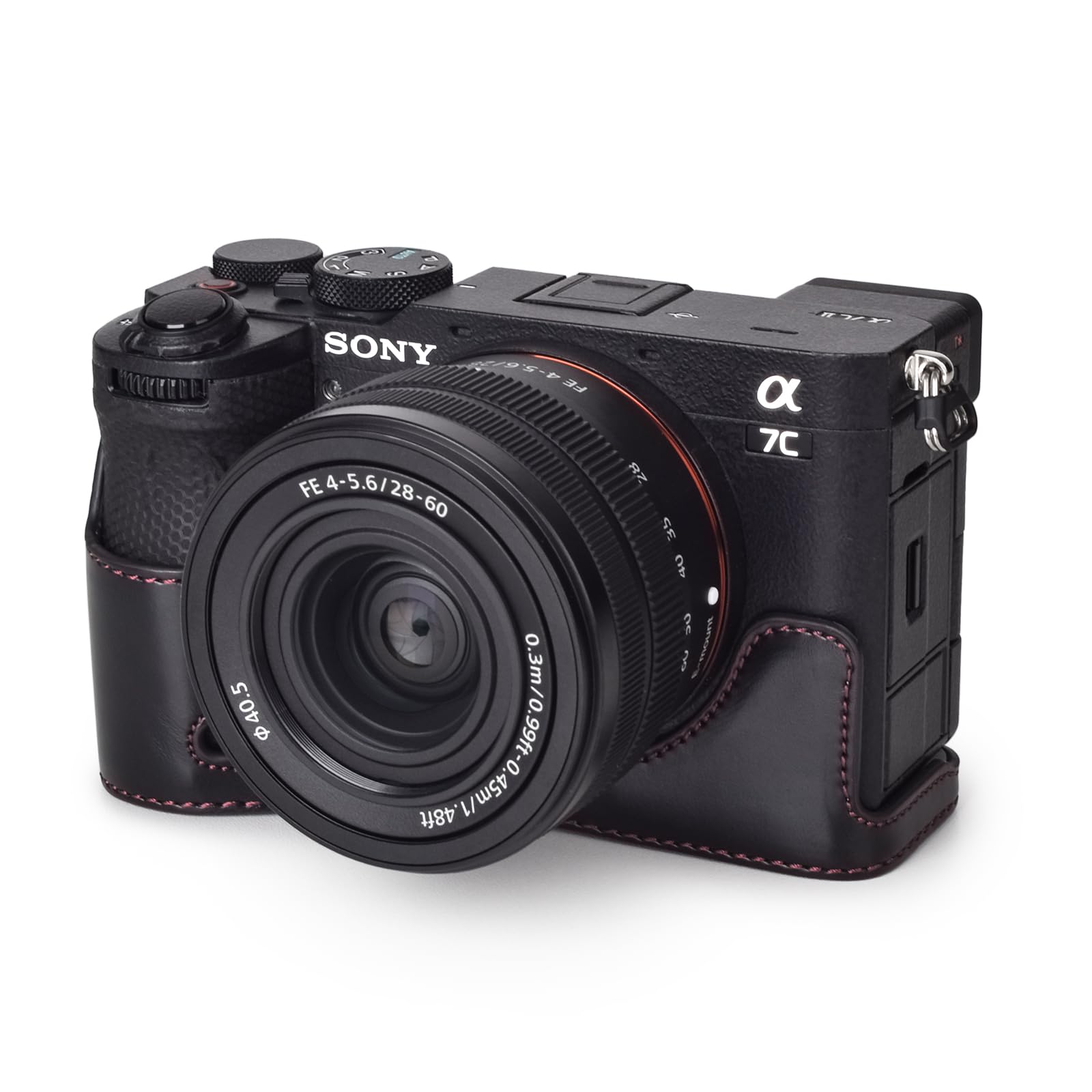 Rieibi Alpha 7C II Case - PU Leather Half Case for Sony A7C II/Alpha 7C Mark II/A7C2 - Protective Grip & Opening Bottom - Black