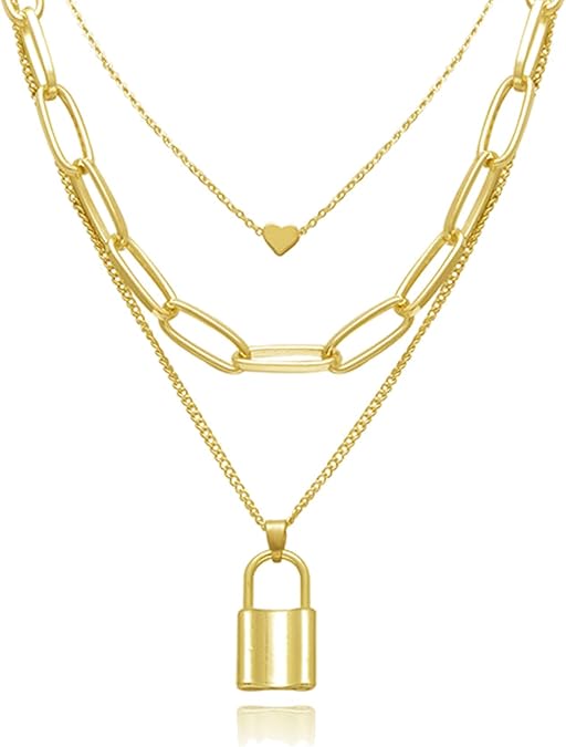 Dcfywl731 Punk Gold Layered Lock Necklace for Women 14K