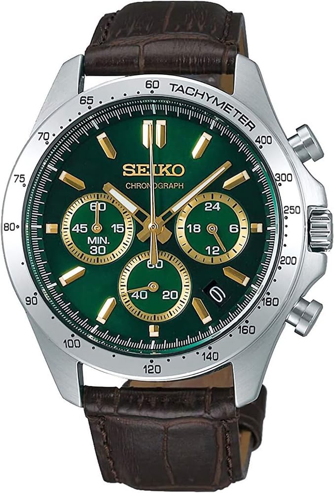 Seiko SBTR017 Men's 1/5 Second Chronograph Quartz Wristwatch, Green Brown Leather, Green Brown Leather SBTR017, Chronograph with 3 sides and 60 minutes