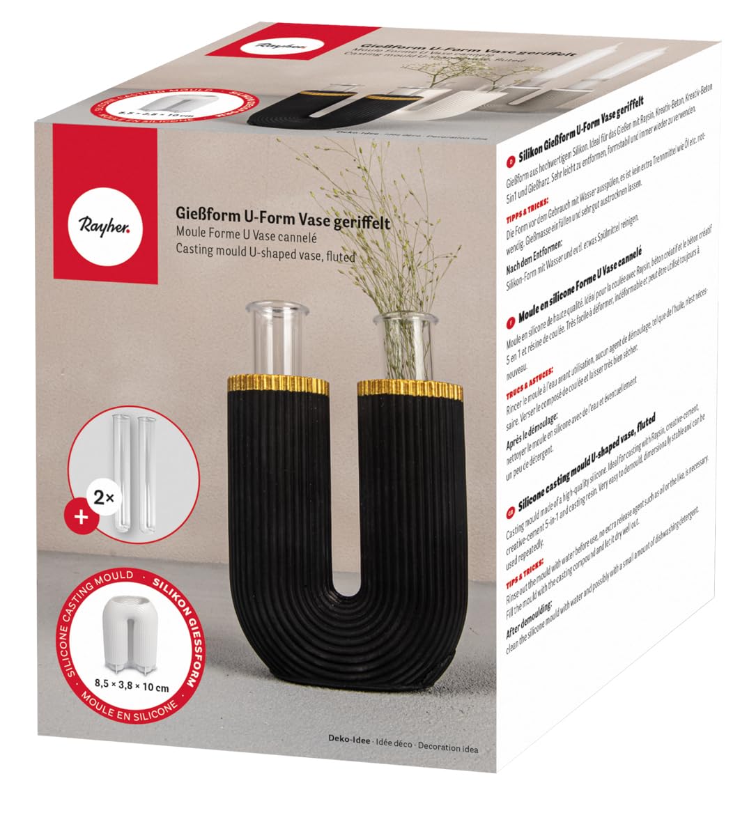 Rayher Silicone Mould for U-Shape Single Stem Vase, Mould for DIY Candlestick Holder, Double Base Mould for Small Glass Vases for Fresh and Dried Flowers, 8.5x3.8x10cm, 36150000