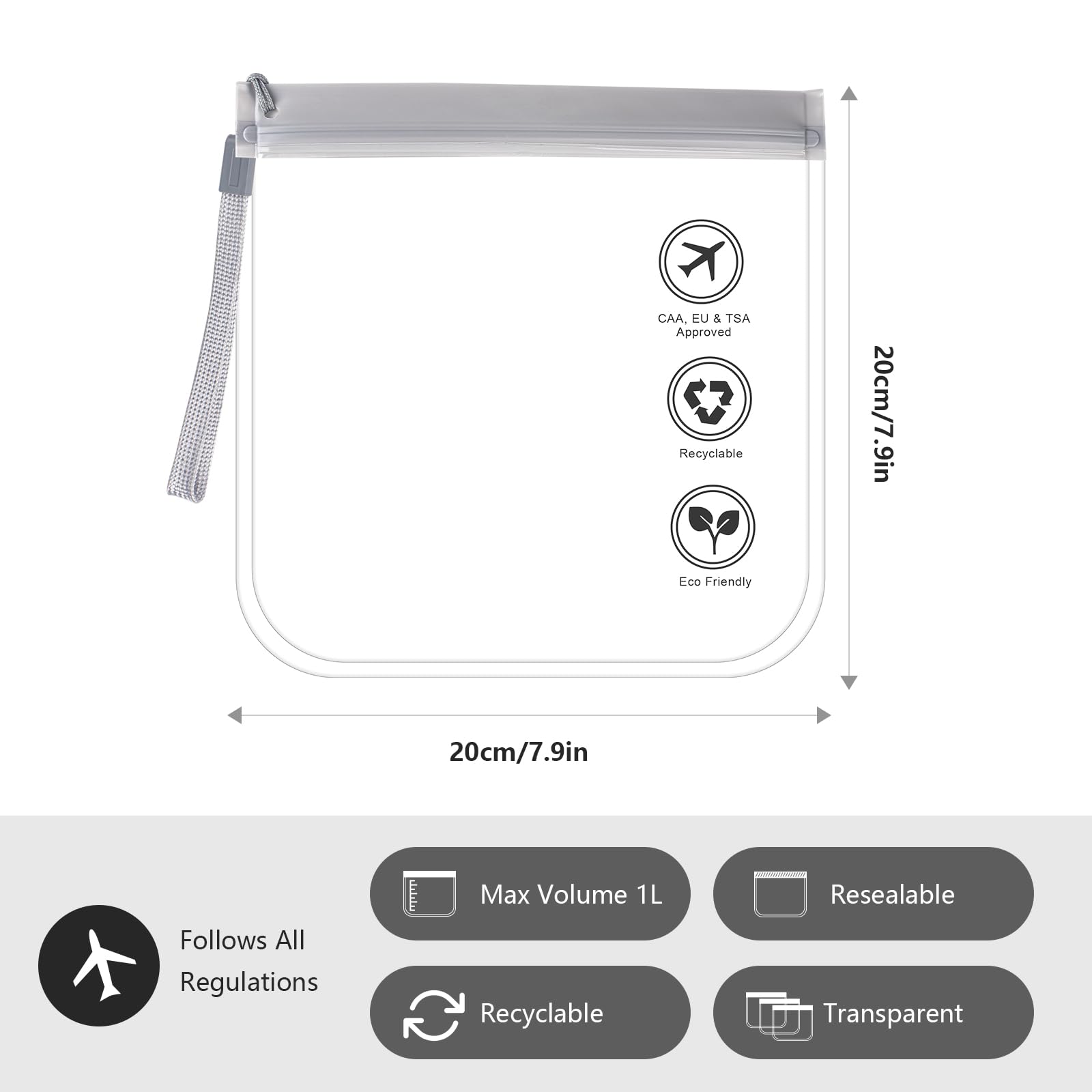 SUTOUG 2PCS TSA Approved Transparent Toiletry Bag, 20 x 20 cm, Leak-Proof Airport Approved Liquid Bag, EVA Waterproof Cosmetic Bag, Portable Travel Wash Bag-Grey