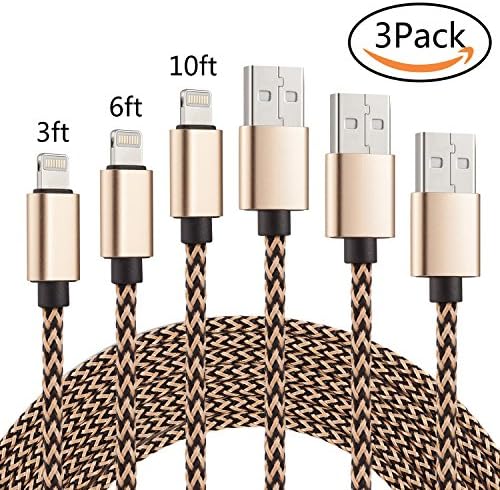 iphone charger 3FT/6FT/10FT 3Pack FOBSUNLAND Nylon Braided high speed iPhone Cable Lightning to USB Cord, Compatible with iPhone7 7Plus 6s 6sPlus 6 6Plus 5 5s 5c SE iPad iPod. (3ft 6ft 10ft Gold)