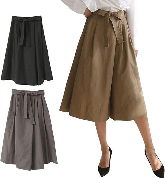 Amazon リボンベルト付き 綿100 ツイルワイドパンツ ハイウエスト サイドポケット付き レディース 秋カジュアルパンツ 体型カバー 韓国製 グレー ロングパンツ 通販