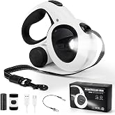 COSOWO Retractable Dog Leash with USB Rechargeable LED Light, White | 16FT Heavy Duty Dog Lead with Poop Bag Holder &amp; Chew Proof Cable, Tangle-Free Control, One-Hand Brake Lock for Large Dogs