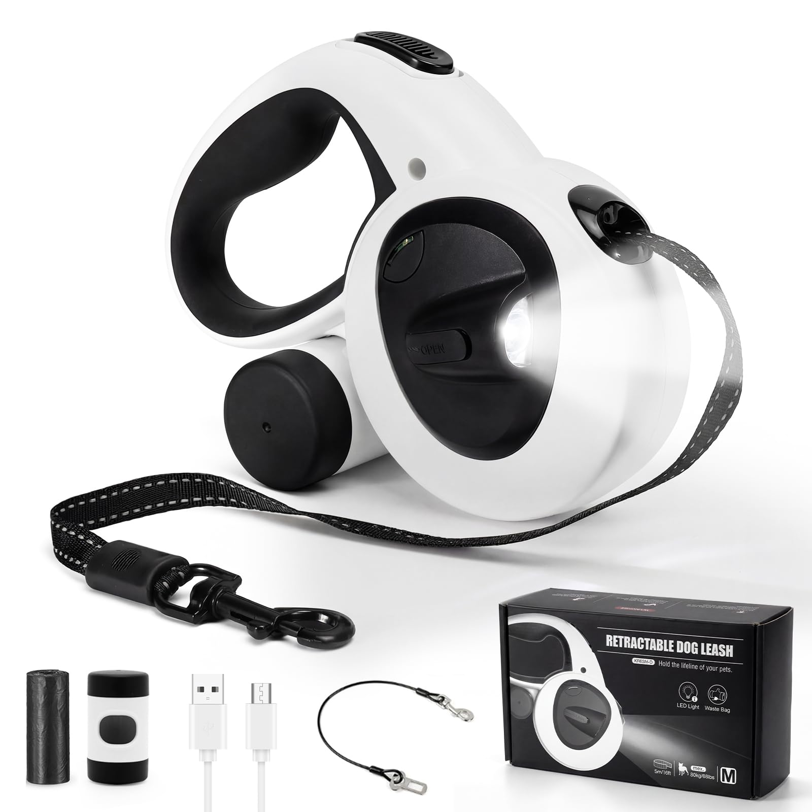 Photo 1 of COSOWO Retractable Dog Leash with USB Rechargeable LED Light, 16 ft Heavy Duty Dog Lead with Poop Bag Holder & Steel Cable, Leash for Small Medium Large Dogs, White