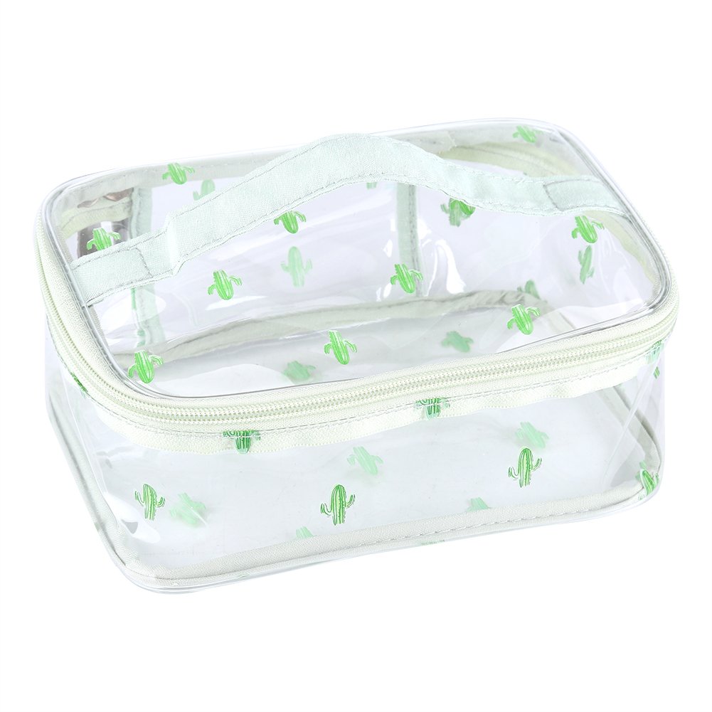 Práctico neceser con asa hecho en PVC transparente. Patrón de cactus.