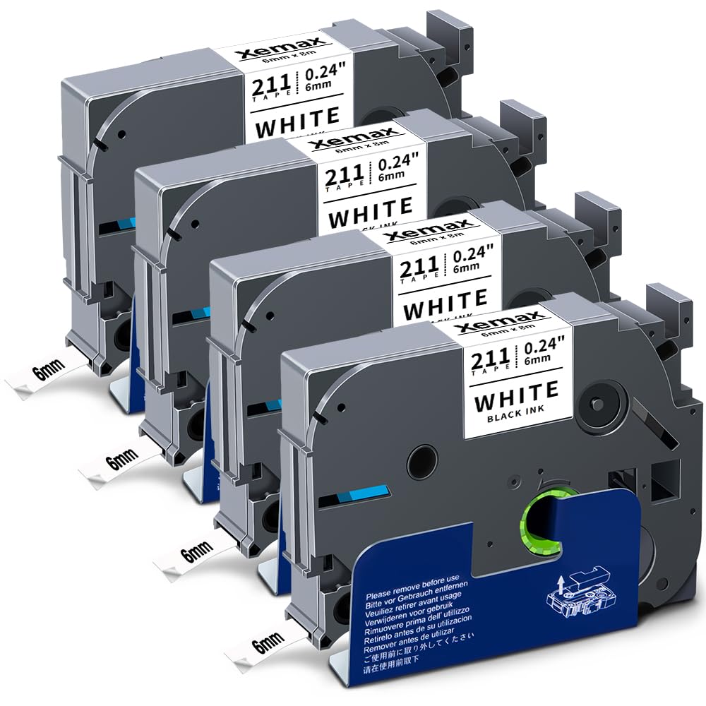 4X XemaX Label Tape Compatible for Brother Label Printer Tape 6mm TZe-211 TZ-211 P-Touch Black on White Tape Cassette for Brother P-Touch Labeller PT-E110 H100R H110 H101C H108 E100 H100LB H105