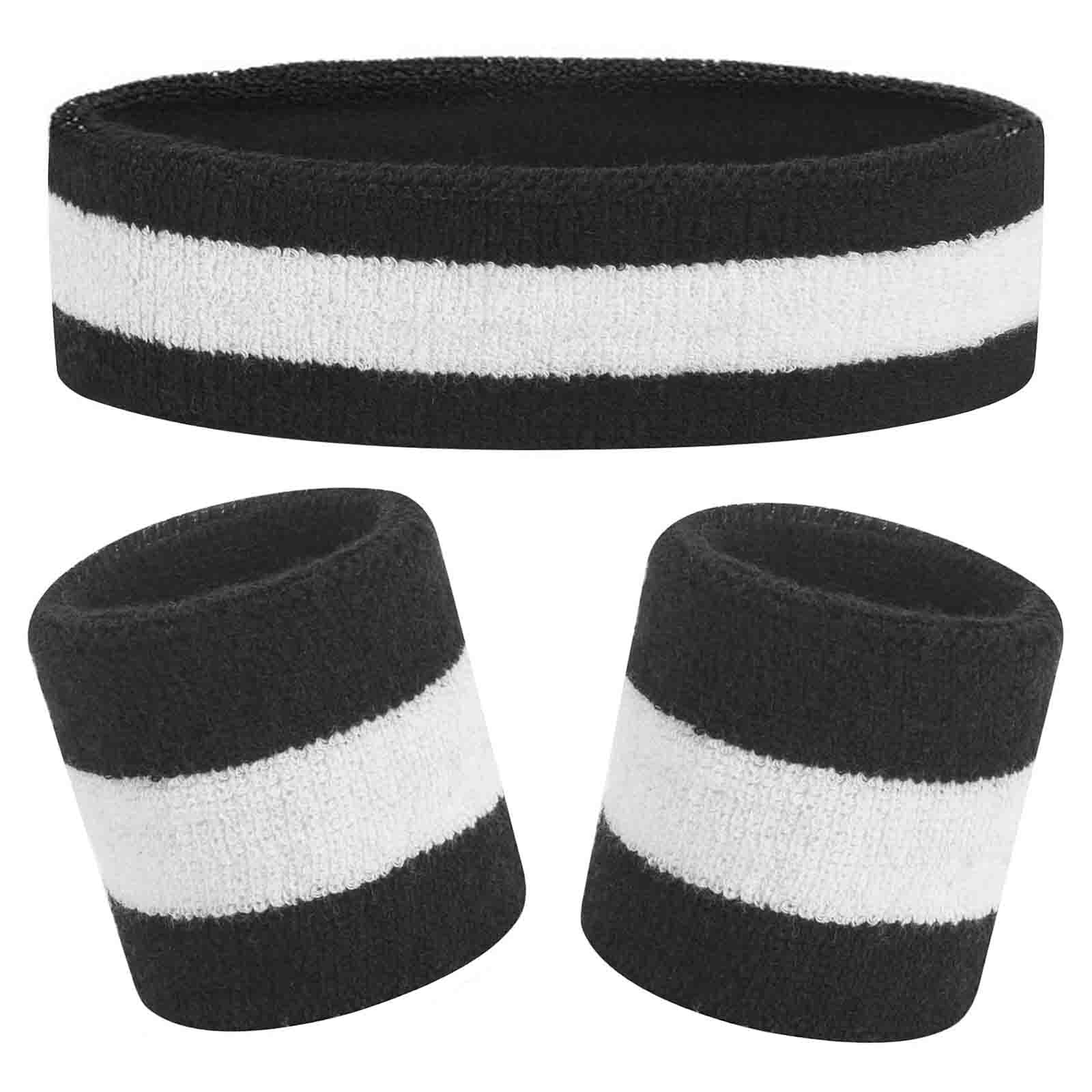 Kids Sweatbands Headband Wristband Set - Athletic Cotton Sweat Band for Sports - Ultimate Sweat-Absorbing 3-piece Set (1 Headband + 2 Wristbands) (Black+White)