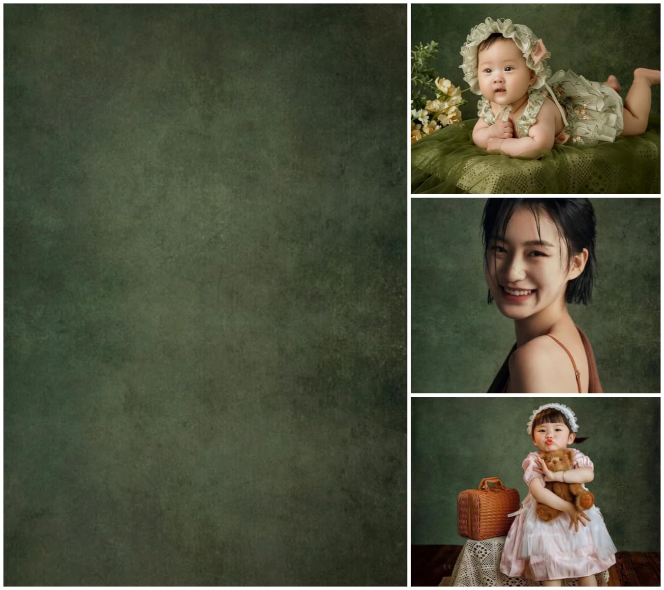 WaW 1.5 x 2.2 m Photo Background Fabric Retro Dark Green Antique for Photo Studios Vintage Concrete Shooting Background for Newborns, Baby, Portrait Photography