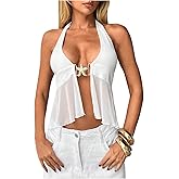 Verdusa Women's Ruffle Mesh Low Cut Halter Tops Sleeveless Backless Going Out Tops