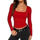 TiulZial Square Neck Shirt for Women - Long Sleeve Going Out Tops Double Lined Tight Crop T Shirt Slim Fit