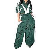 Ecirod Womens Color Block Sweatsuit Set 2 Piece Outfits Zip Up Sweatshirt High Waisted Wide Leg Pants with Pockets
