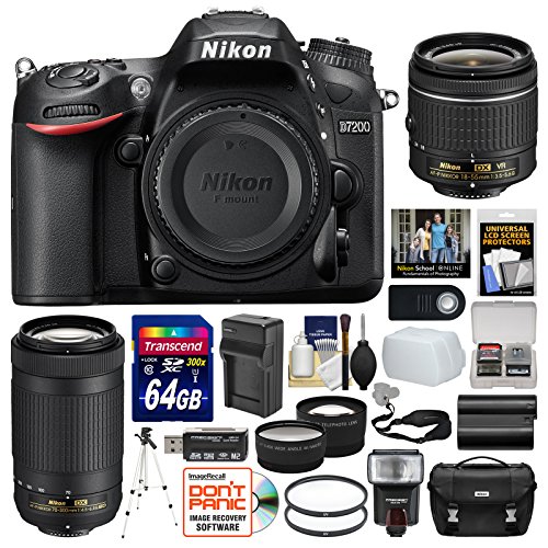 Nikon-D7200-Digital-SLR-Camera-with-18-55mm-VR-and-70-300mm-DX-AF-P-Lenses-Case-64GB-Card-Flash-Battery-Charger-Tripod-Remote-Kit