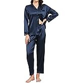 TeJoyce Silk Pajamas for Women Set Long Sleeve Satin Pj Set 2 Pieces Button Down Loungewear Soft Lace Sleepwear
