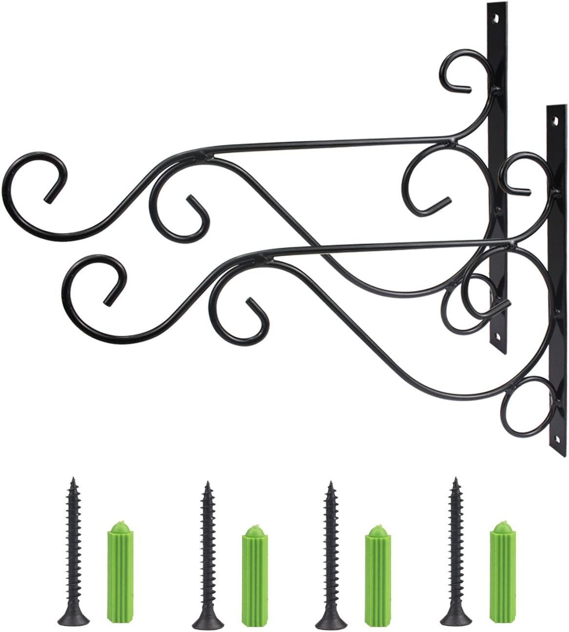 Luckkyme Plant Hanging Brackets with Screws, 2 Pack 10" Metal Wall Mount Flower Basket Hook Indoor Outdoor for Plant, Flowers, Lantern, Boards (Black)