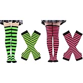 ZXOLDZX 4 Pairs Womens Striped Arm Warmers Goth Y2K Knitted Fingerless Gloves with Long Knee High Socks Set