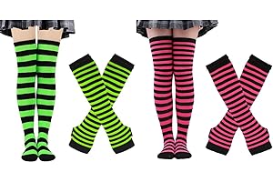 ZXOLDZX 4 Pairs Womens Striped Arm Warmers Goth Y2K Knitted Fingerless Gloves with Long Knee High Socks Set