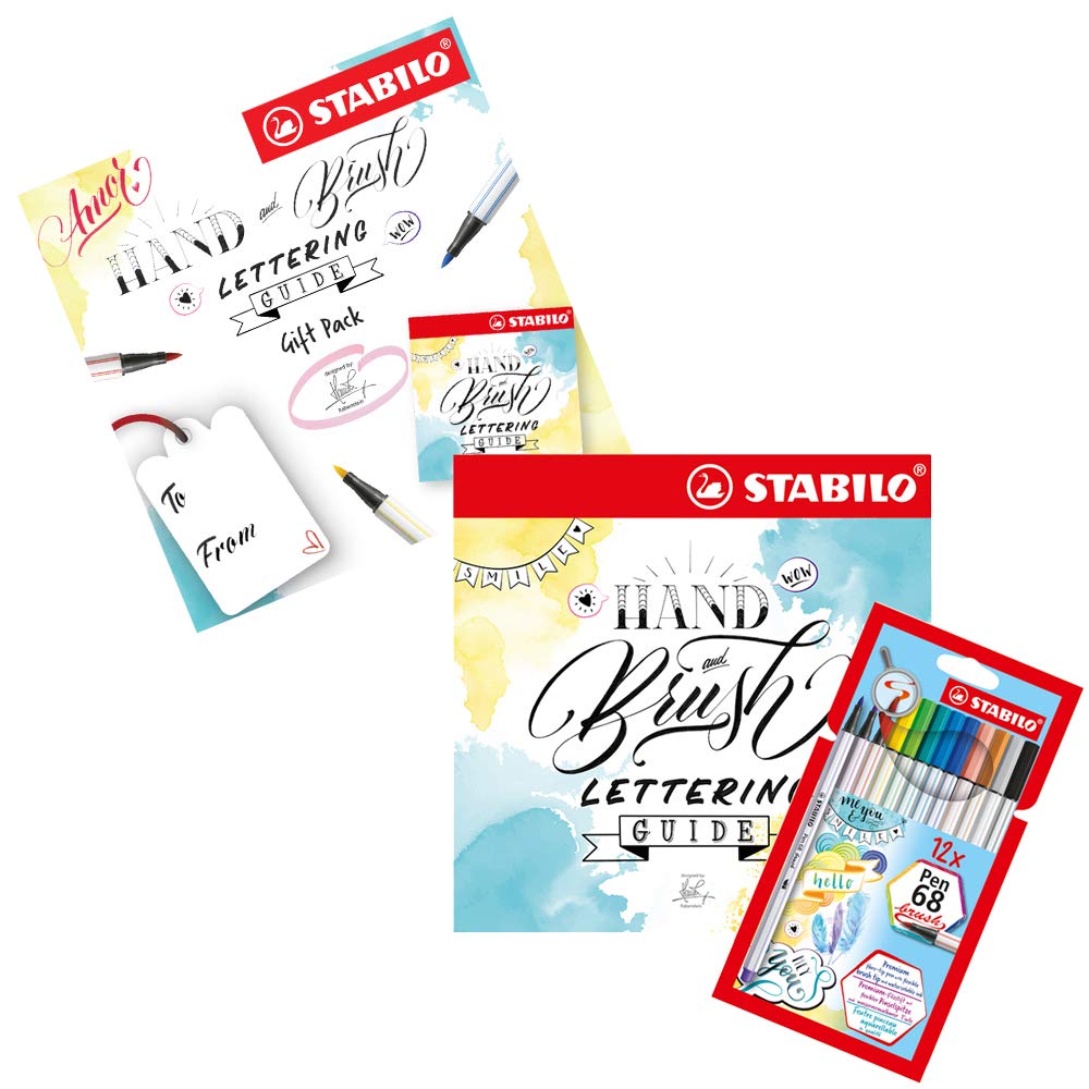 STABILO Brush Pens with Hand Lettering Guide Pen 68 brush Wallet of 12 Assorted Colours + How to Hand Letter Guide