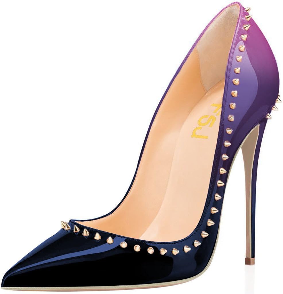 Women Pumps Pointed Toe High Heel Stilettos Rivets Studded Patent Leather Shoes Size 4-15 US