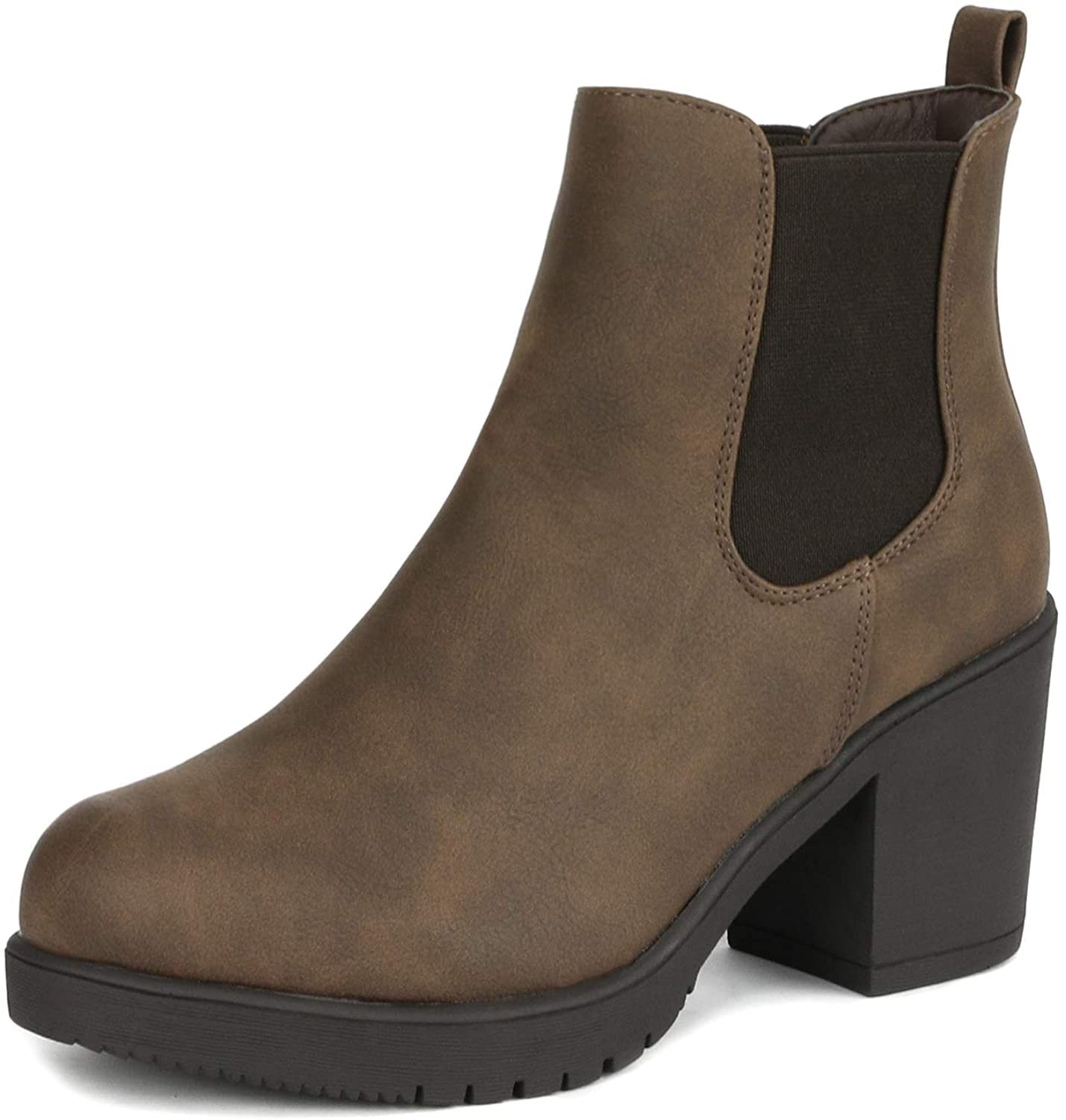 Photo 1 of DREAM PAIRS Women's High Chunky Heel Chelsea Ankle Boots Slip On Elastic Fall Heeled Booties Shoes,Size 8.5,Brown/Pu,FRE