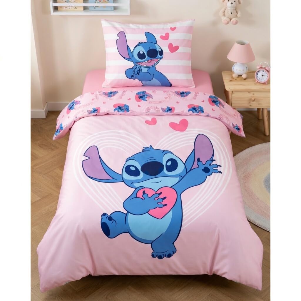 Disney Stitch Bed Linen 135 x 200 cm + Pillowcase 80 x 80 cm - 100% Renforcé Cotton - Pink Children's Bed Linen with Heart Motif - Lilo & Stitch Bedding Set for Girls and Fans