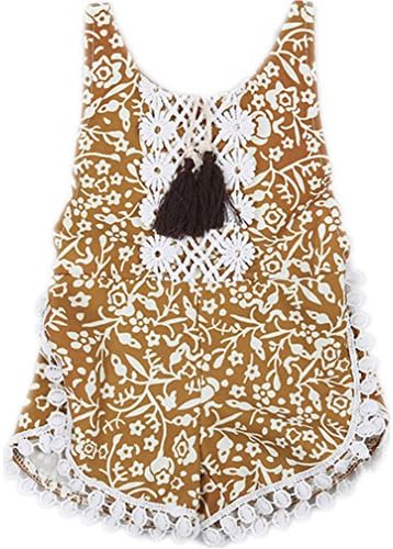 YTFan Baby Girls Ethnic Style Tassels Backless Floral Printing Romper Jumpsuit (6-12M, Gold)