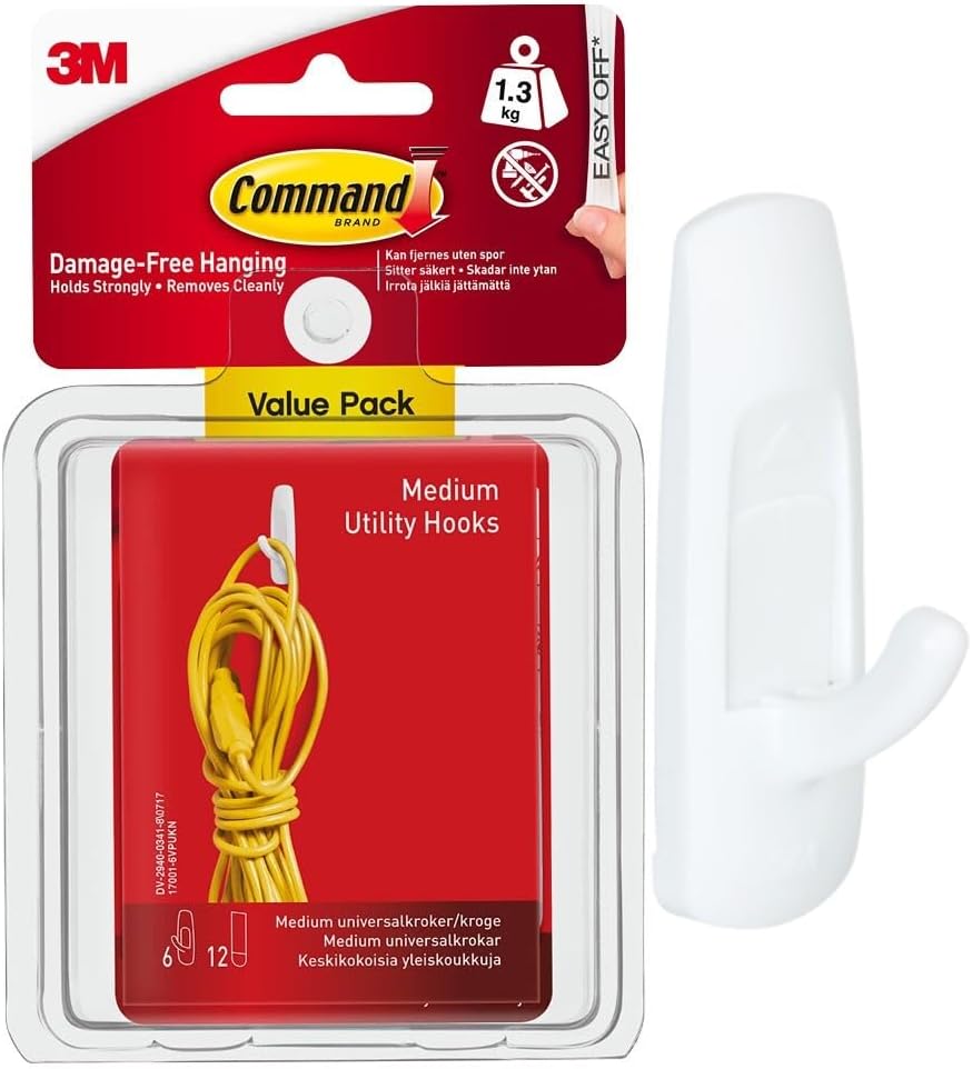 Command Utility Hooks Medium 6 Hooks White with 12 Adhesive Strips Holds 1.3kg