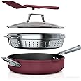 Ninja CW102RD Foodi NeverStick PossiblePan, Premium Set with 4-Quart Capacity Pan, Steamer/Strainer Basket, Glass Lid & Integ