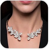 XSBODY Silver Rhinestone Chunky Necklace For Women Open Collar Crystal Flower Choker Necklace Formal Jewelry (Silver)