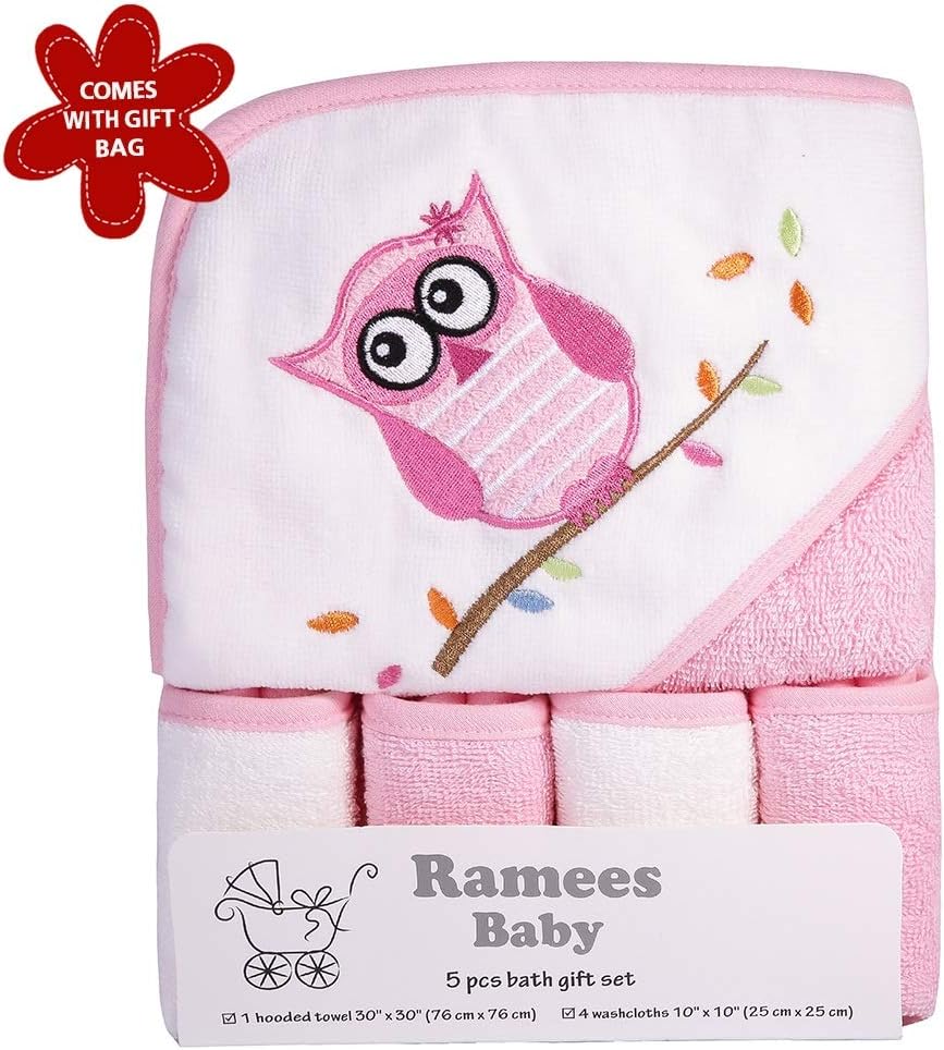 Ramees Baby Hooded Towel and Washcloths Bath Set, 5 Pack, Pink Owl