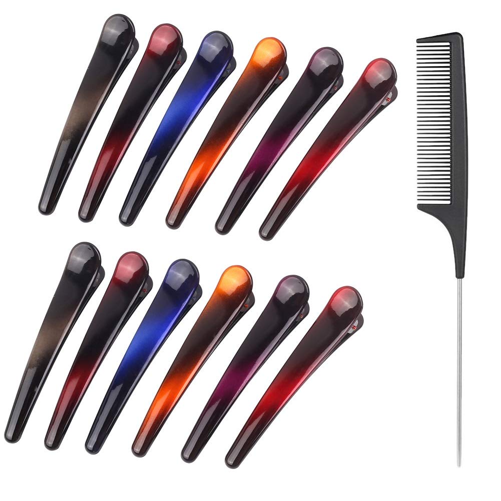 12pcs Sectioning Clips + 1pcs Antistatic Tail Comb, Multicolor Professional Hair Clamp Grips for Women Girls Hairdressing Styling Salon Tool (Gradient Color)